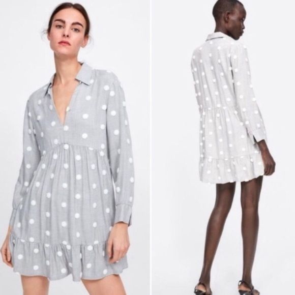 Zara Pom Polka Dot Babydoll Mini Contrast Dress Gray White Shirt Size Medium - Picture 7 of 15